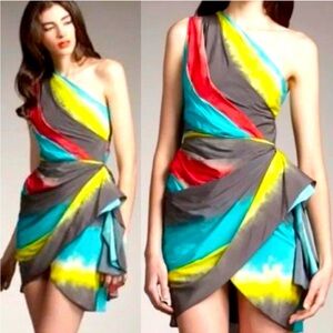 Alice + Olivia Colorful One Shoulder Tie
Dye Asymmetrical Silk Dress Size XS